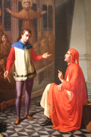 Dipinto “Dante nello studio di Giotto” di Luigi Stanziano, appartenente alla collezione Savoia del Palazzo Reale di Napoli. 