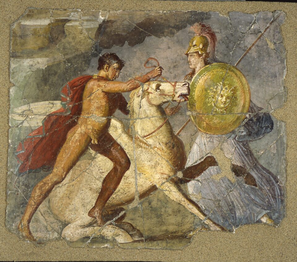 Opera murale di una battaglia espota alla mostra "Invito a Pompei" a Palazzo Madama a Torino. 