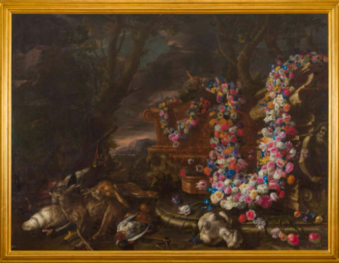 Dipinto “Natura morta con festoni di fiori e cacciagione” di Giuseppe Recco.